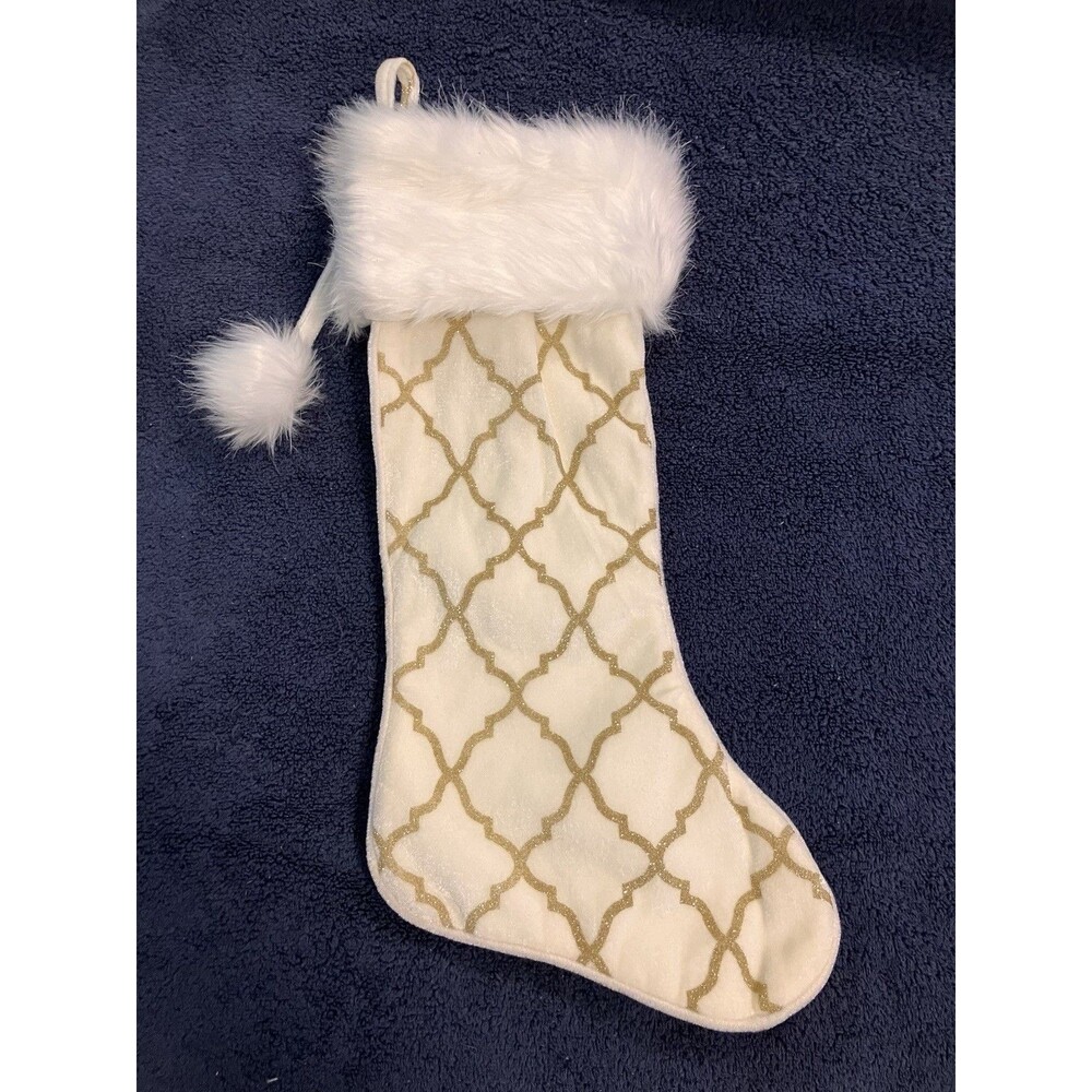 Christmas Stocking With Faux Fur Cuff Cream With Gold Glitter And Hanging Pom